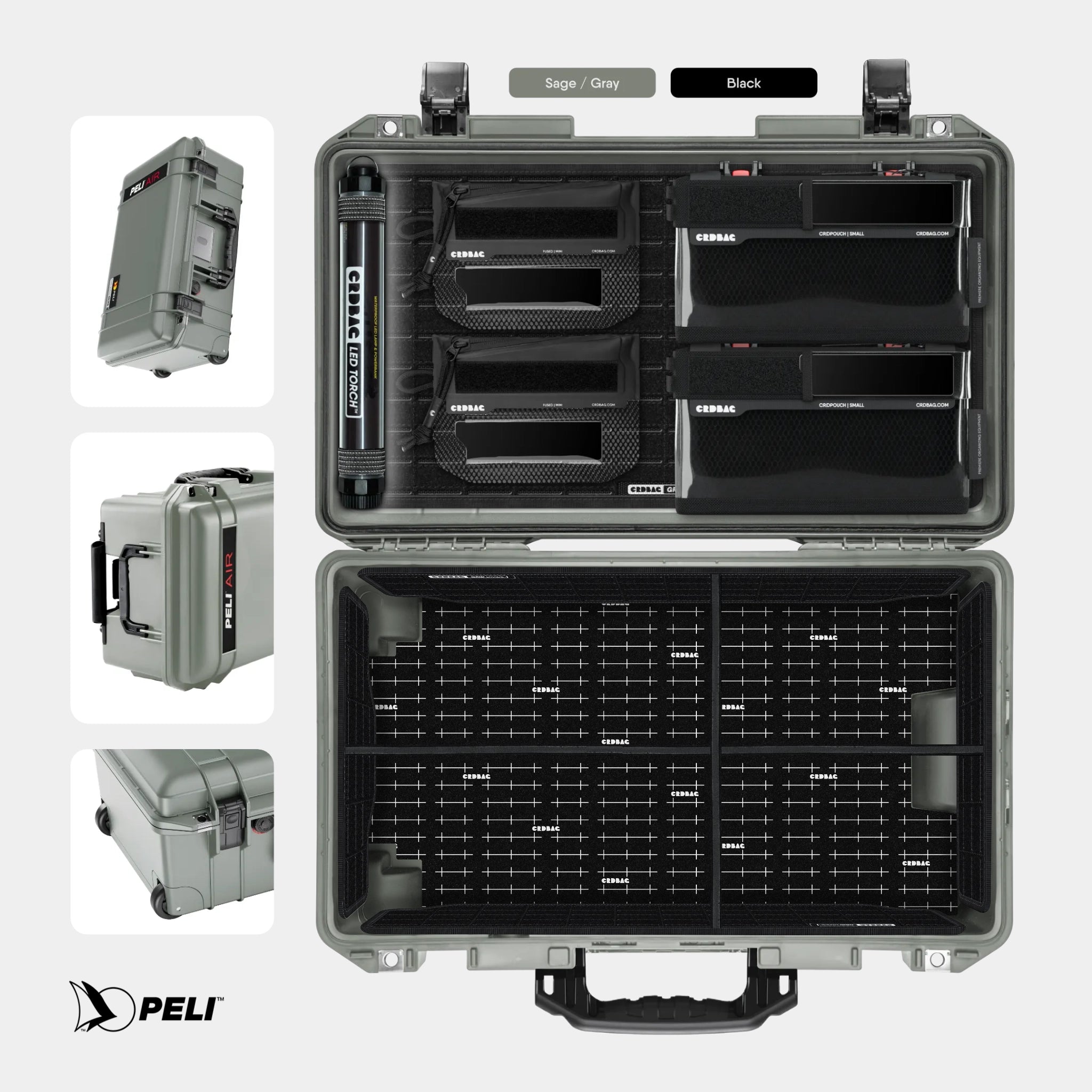 Peli 1535 Air case Sage Gray with CRDBAG MOLLE Panel GRID-LID organizer and GRID-DIVIDE divider system