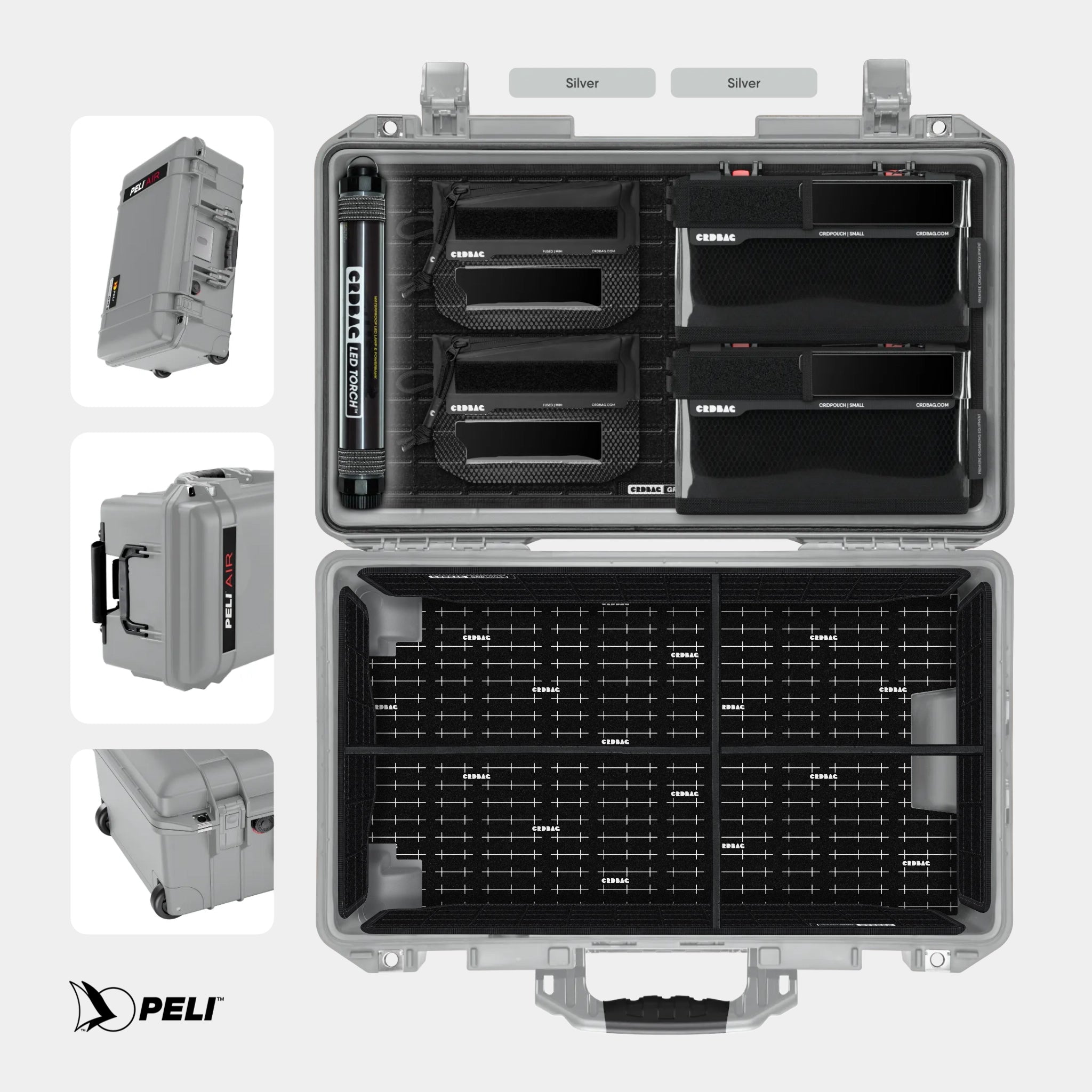Peli 1535 Air case Silver with CRDBAG MOLLE Panel GRID-LID organizer and GRID-DIVIDE divider system