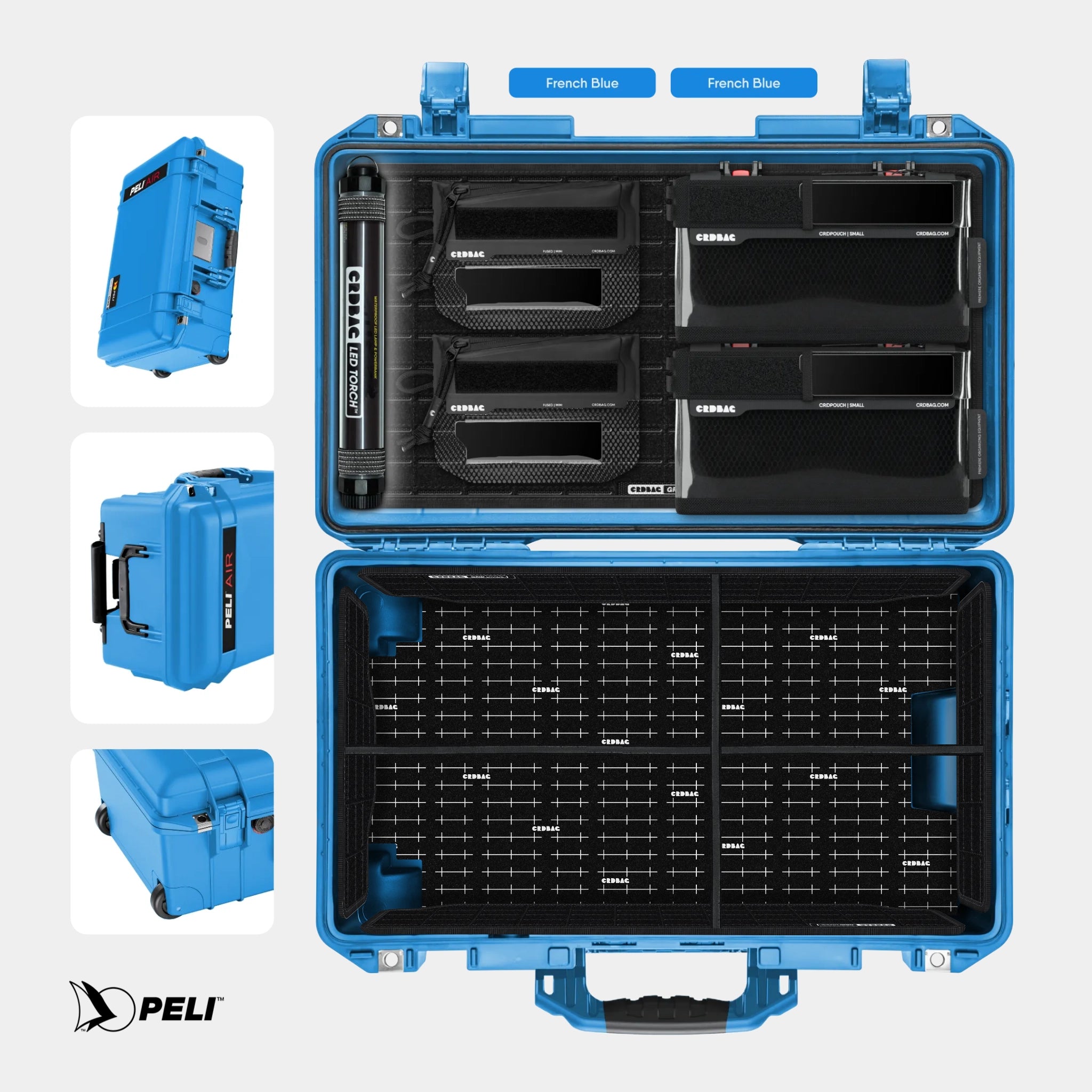 Peli 1535 Air case French Blue with CRDBAG MOLLE Panel GRID-LID organizer and GRID-DIVIDE divider system
