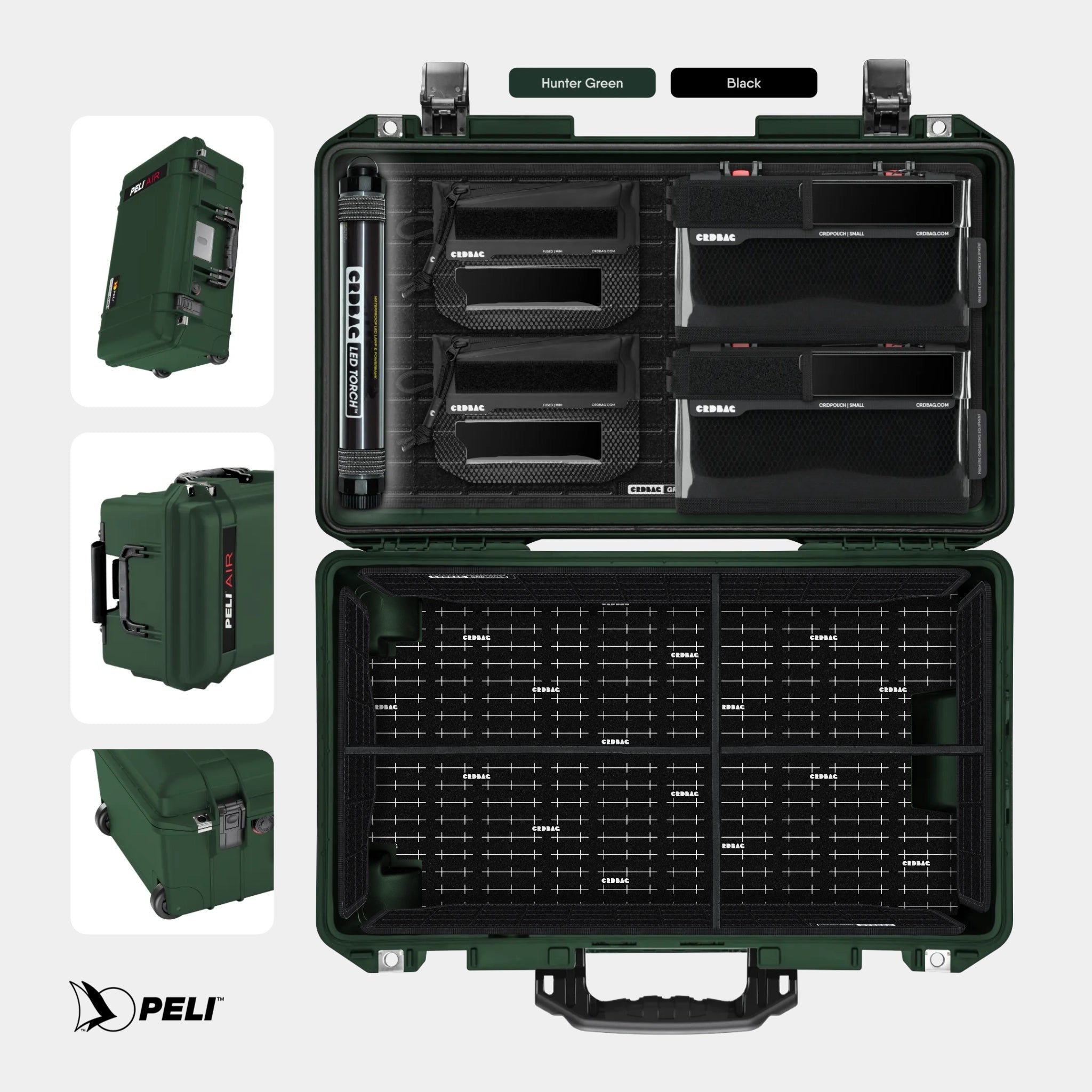 Peli 1535 Air case Hunter Green with CRDBAG MOLLE Panel GRID-LID organizer and GRID-DIVIDE divider system