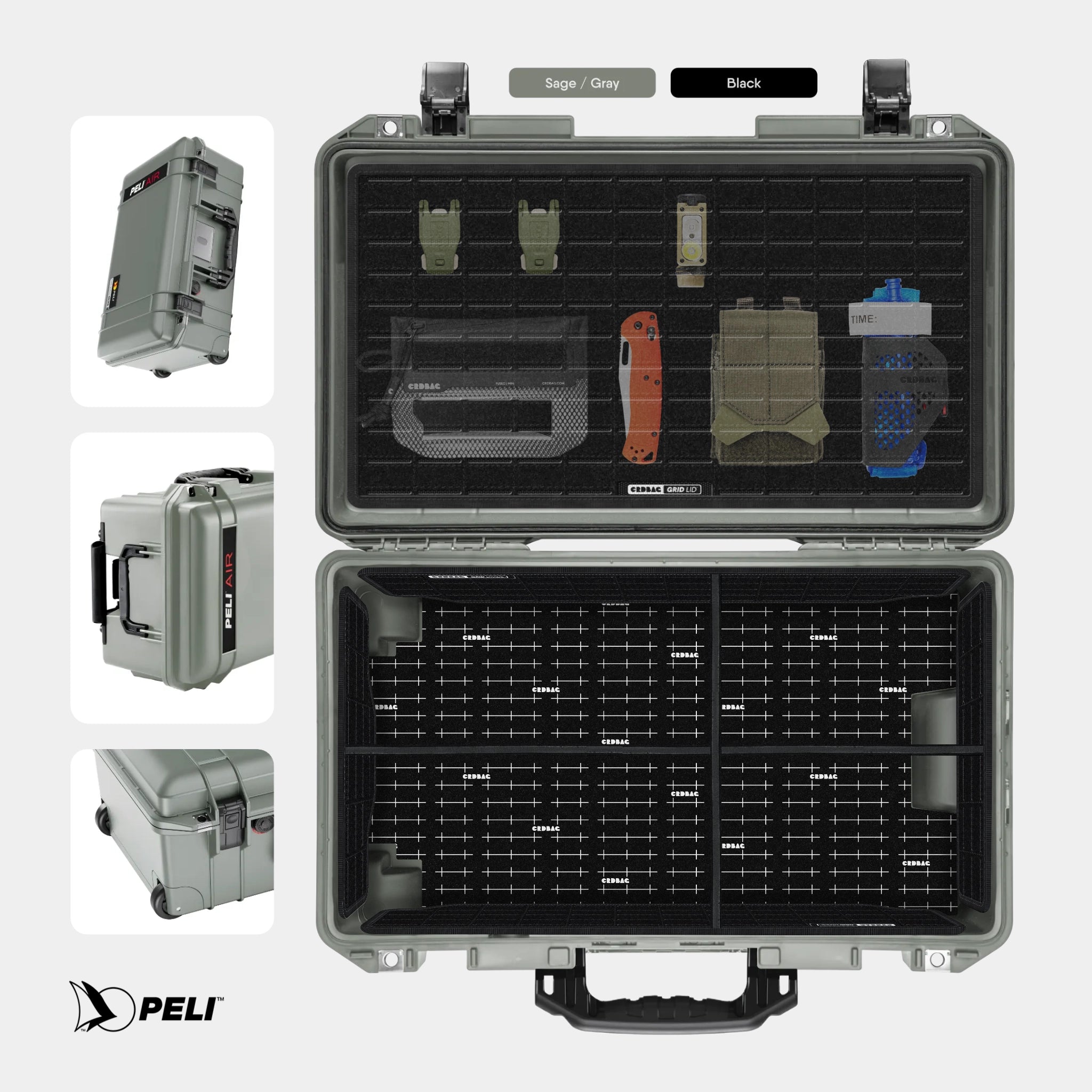Peli 1535 Air case Sage Gray with CRDBAG MOLLE Panel GRID-LID organizer and GRID-DIVIDE divider system