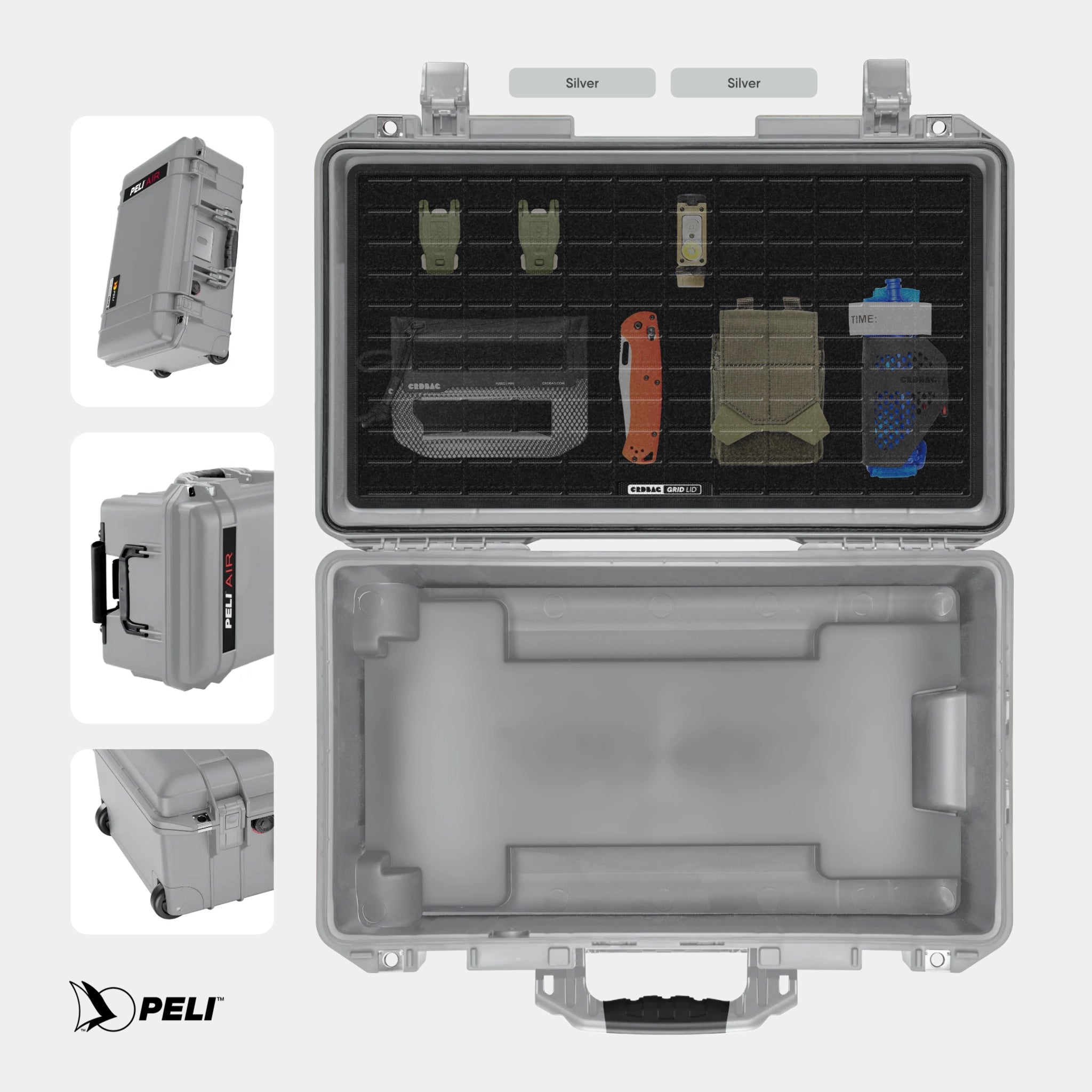 Peli 1535 Air case Silver with CRDBAG MOLLE Panel GRID-LID organizer