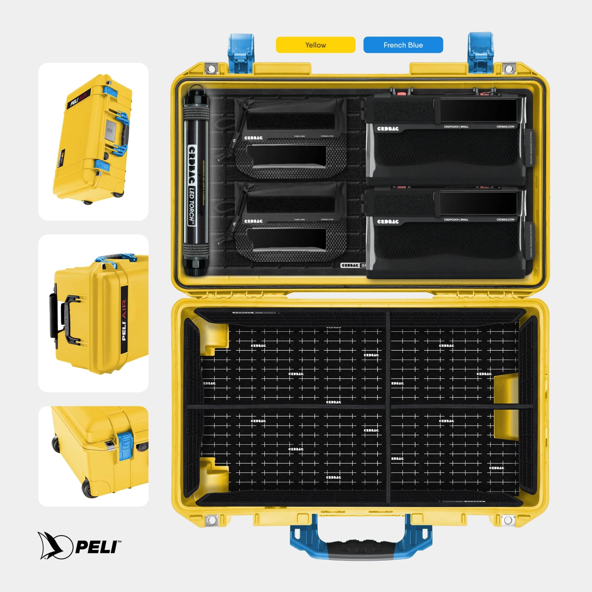 Peli 1535 Air case Yellow with CRDBAG MOLLE Panel GRID-LID organizer and GRID-DIVIDE divider system